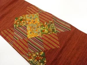 手織り紬切り嵌め相良刺繍縞に草花模様名古屋帯
